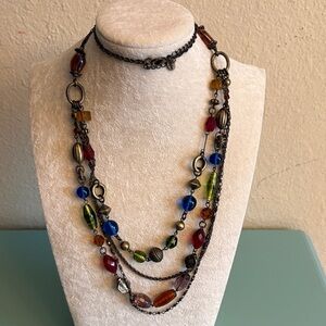 Lia Sophia Multicolor Layered Glass Bead Necklace Gunmetal Boho Statement